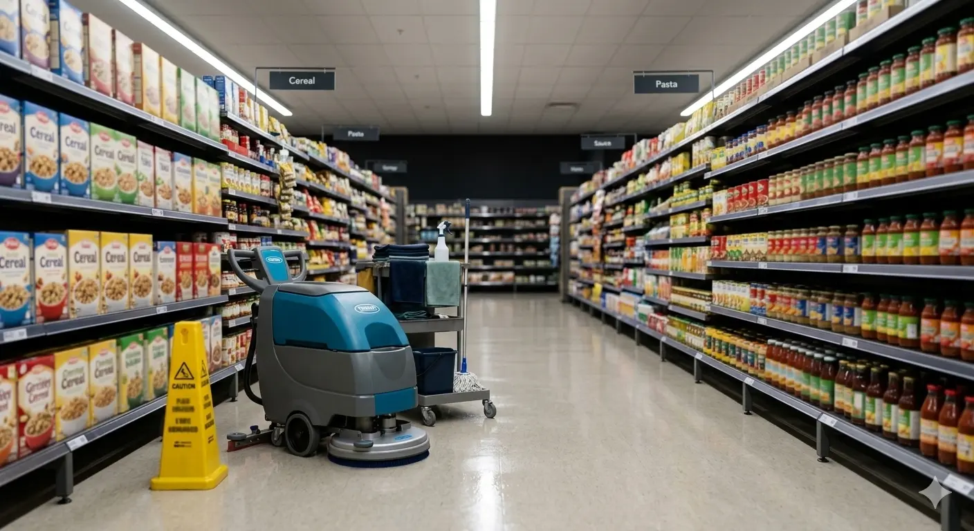 Commercial cleaner working after business hours