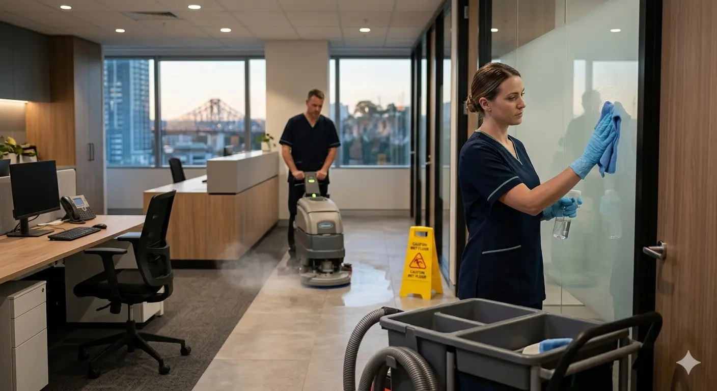 Cleaner completing a detailed office clean