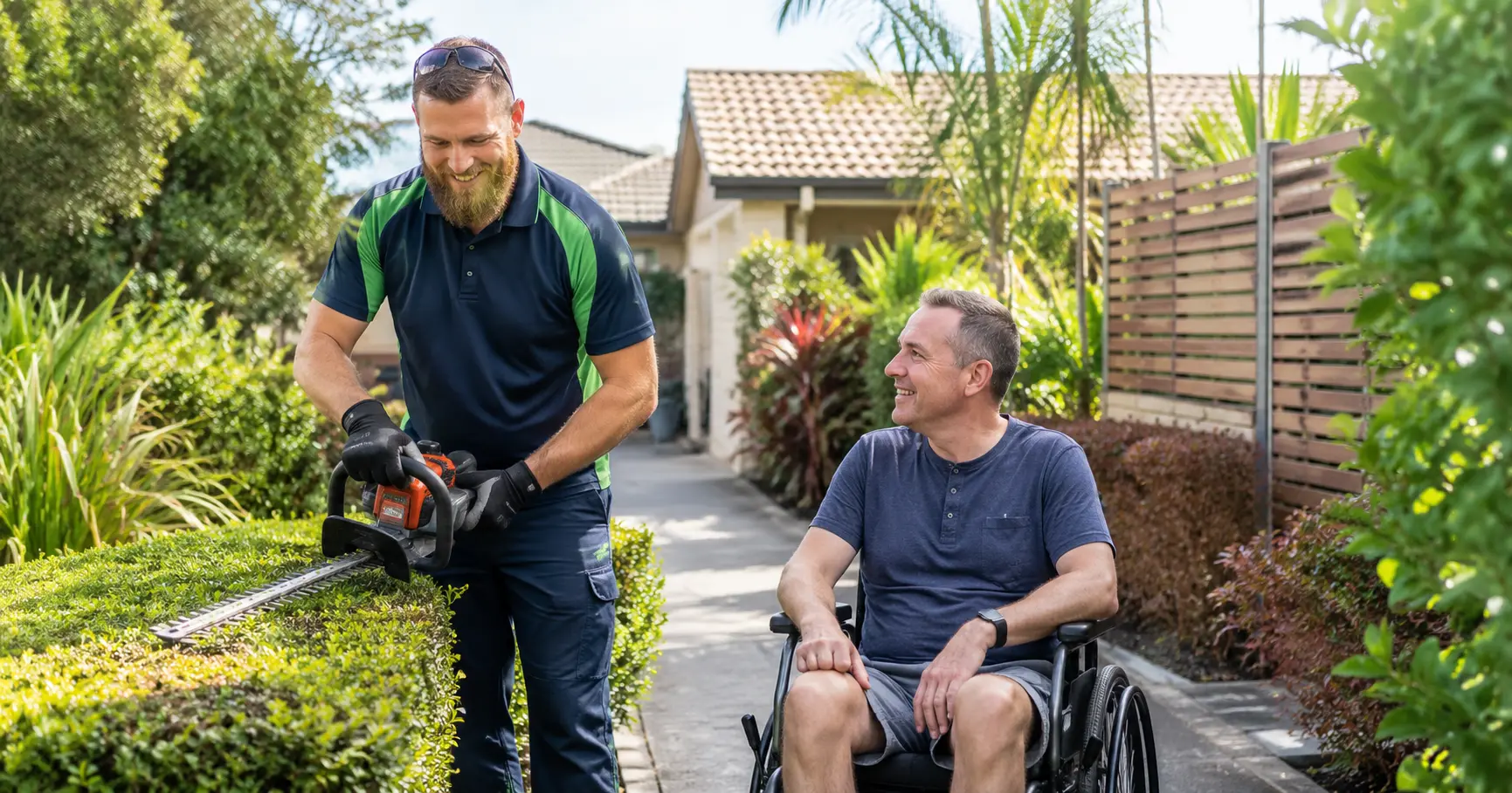 Gardener maintaining an Australian residential garden