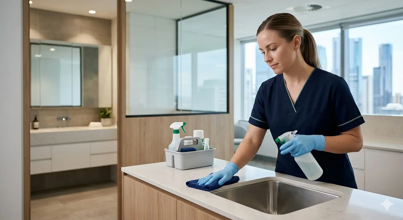 Cleaner maintaining office kitchen and bathroom areas