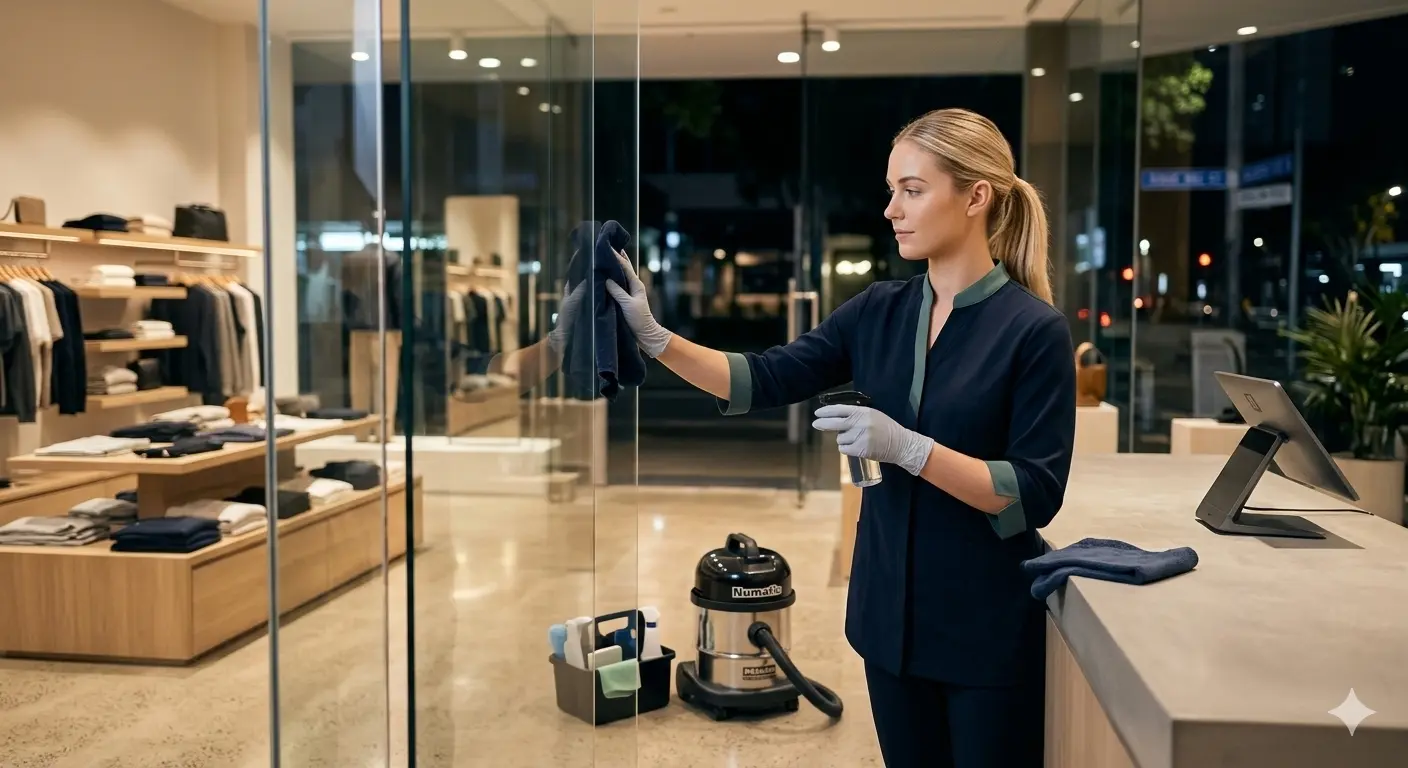 Cleaner maintaining a retail shop floor
