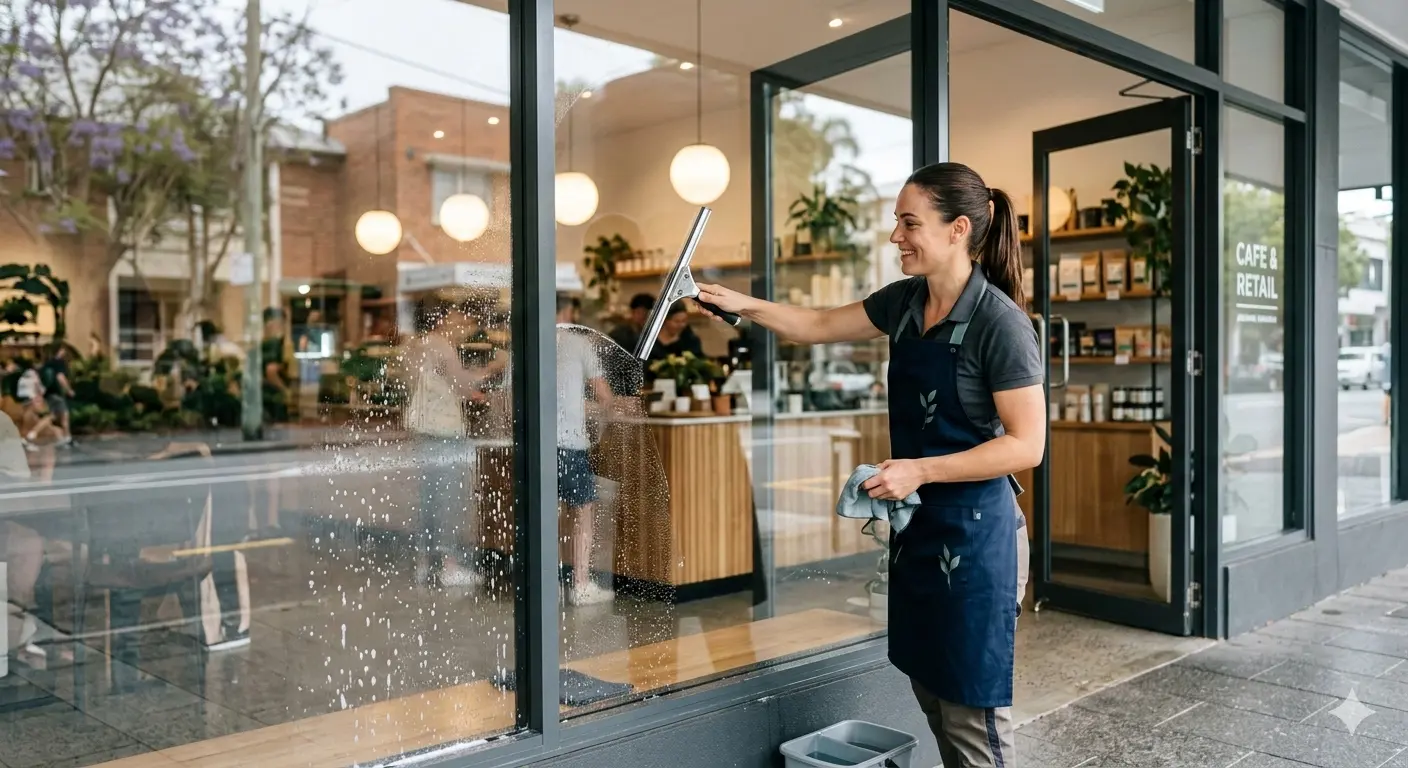 Cleaner polishing the glass of a commercial shopfront
