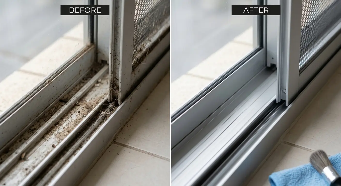 Professional cleaner caring for glass tracks and screens